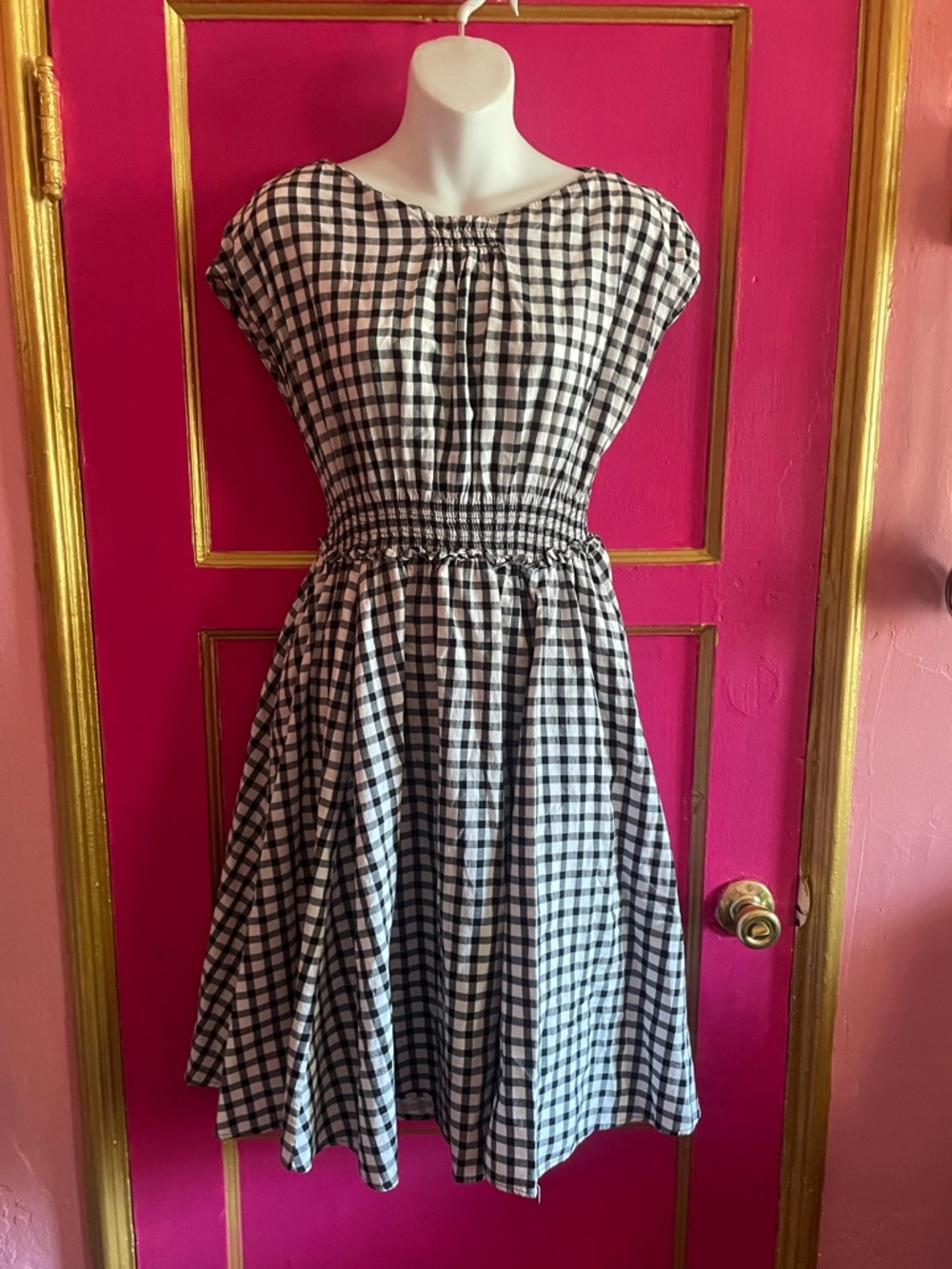 Zara Basic Black & White Gingham Smocked Waist Dress with cutout back size M